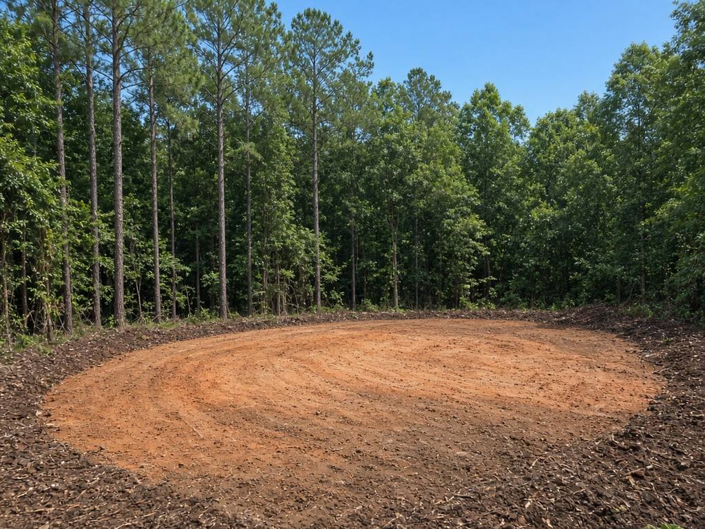Freshly cleared red-clay building lot surrounded by mature pines and hardwoods left standing
