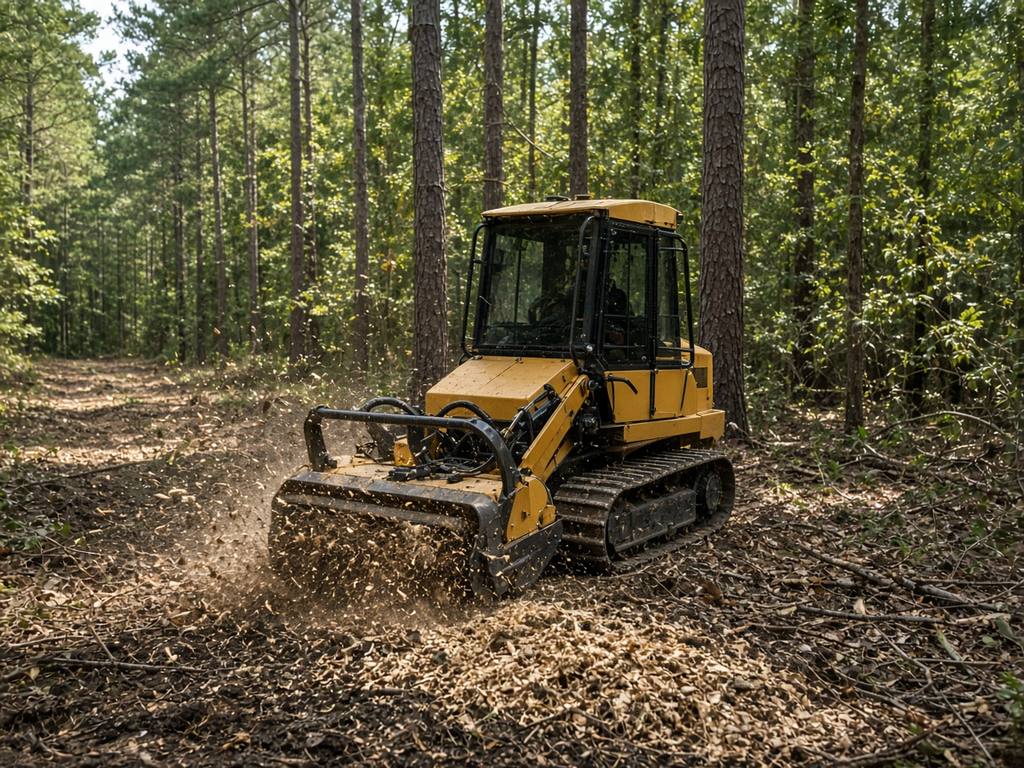 Tracked forestry mulcher grinding brush into wood chips while clearing a pine and hardwood forest
