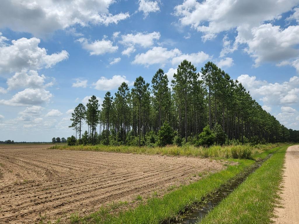 Flat, freshly tilled farm field bordered by tall pine trees and a dirt road on North Carolina's coastal plain