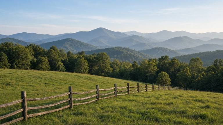 Open mountain meadow with a split-rail fence and layered Blue Ridge ridgelines in western North Carolina