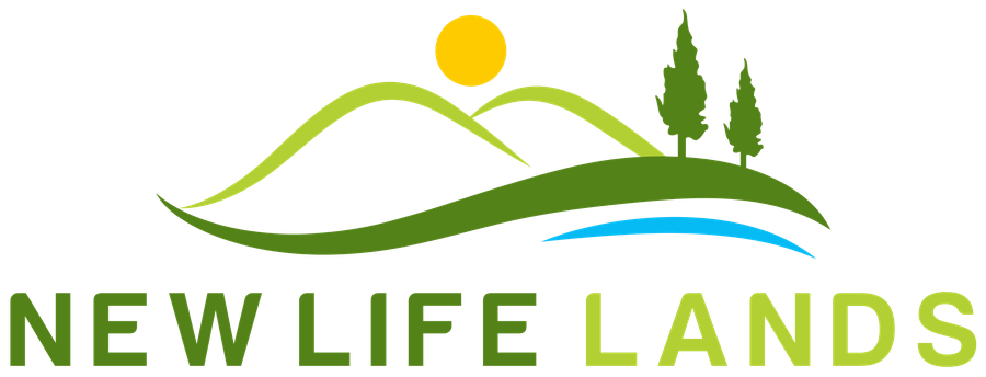New Life Lands logo: rolling green hills, pine trees, a river and a rising sun