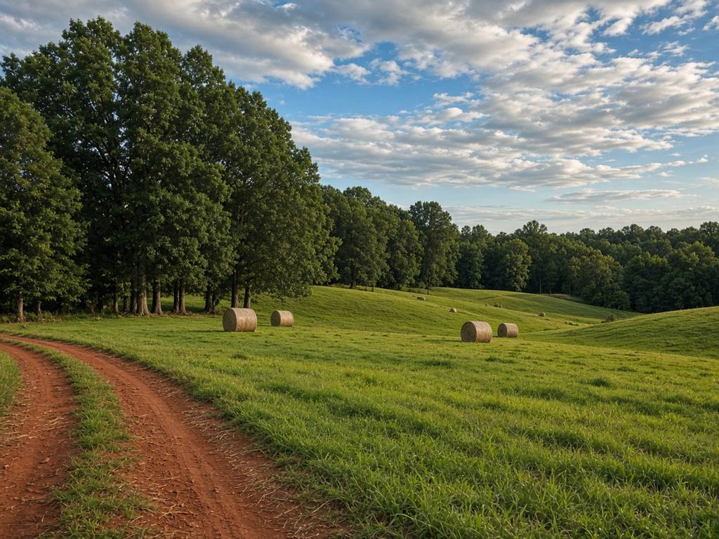 Rolling green pasture with round hay bales, a red-clay farm track, and tall hardwood trees in the North Carolina Piedmont